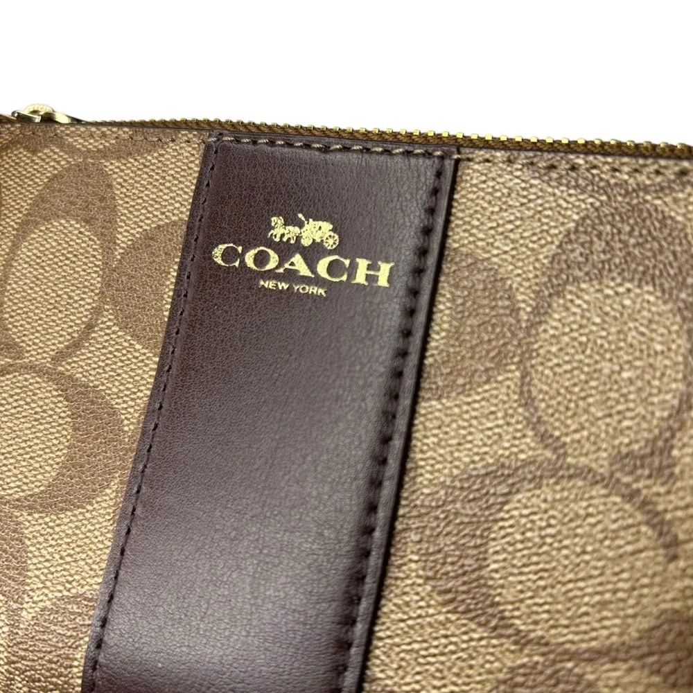Coach Signature Canvas Corner Zip Wristlet Wallet Brown Gold